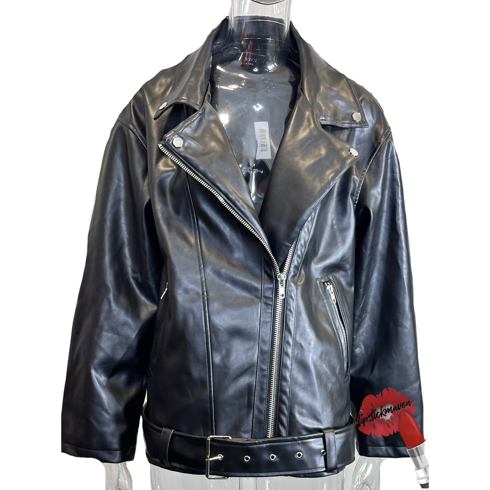 Vici Faux Leather Jacket Women‎ Large Black Moto Edgy Belted NWT